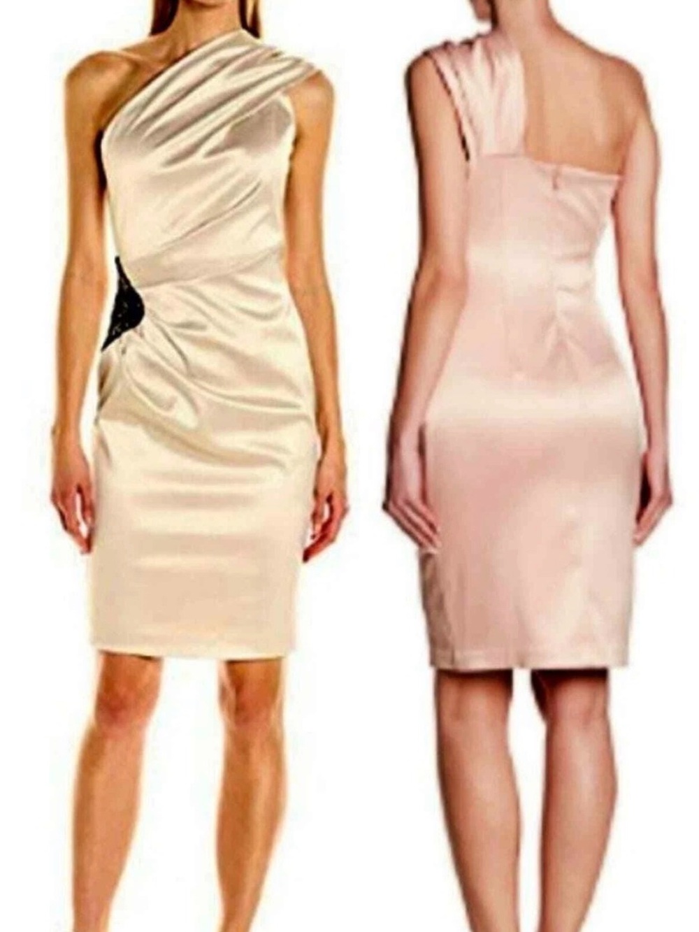 Eliza J One-Shoulder Satin Sheath Dress in Soft Cream  Like New